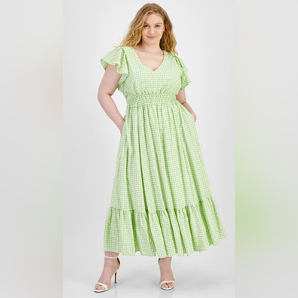 Green Plaid Gingham Vintage Style Cottagecore Dress with Ruffles And Big Pockets